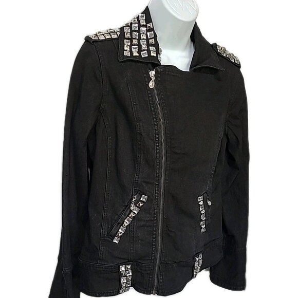 DG2 Moto Jacket M Black Denim Jean Rhinestone Trim Zippers Pockets Epaulets - Picture 3 of 16